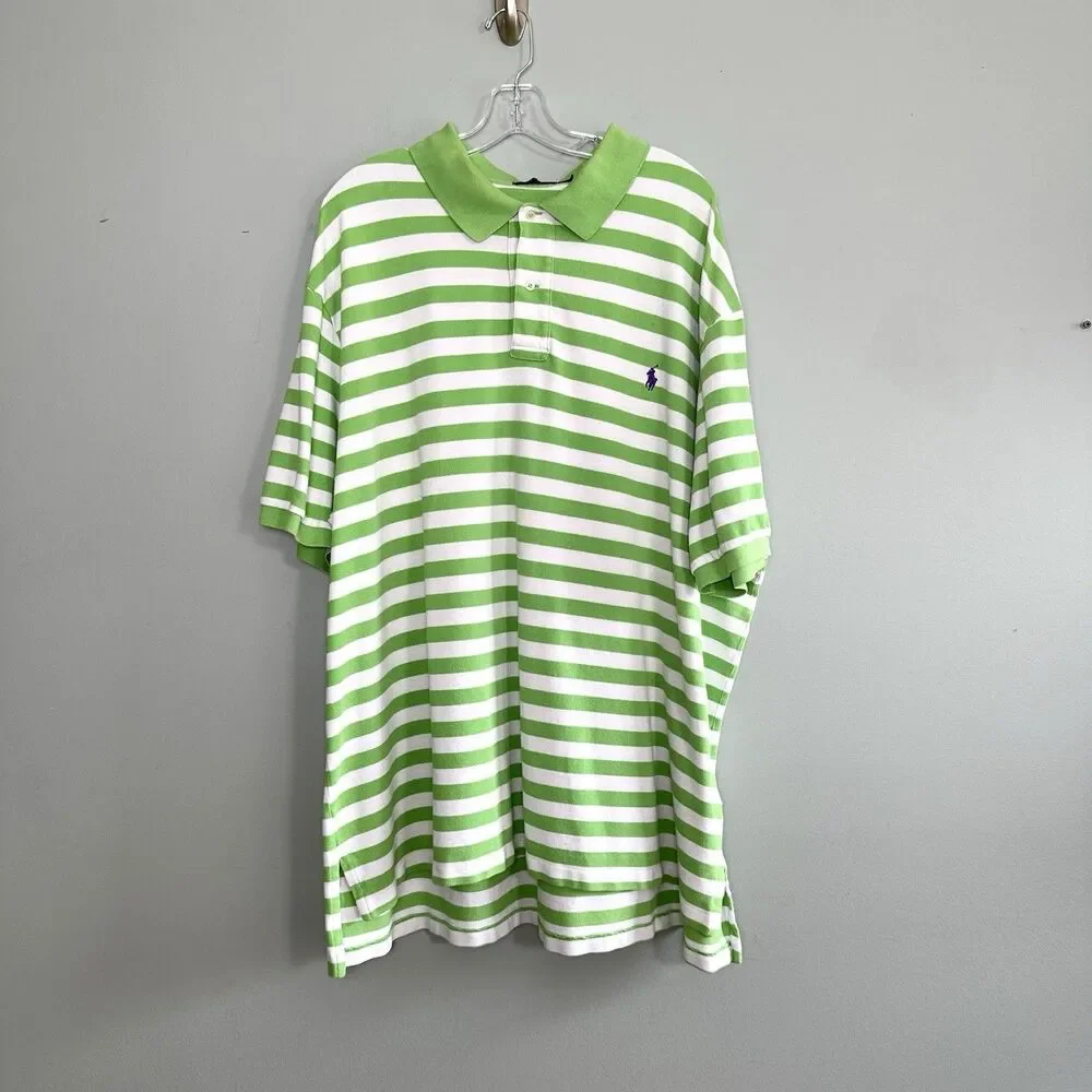 Polo Ralph Lauren Polo Shirt Mens 4XB Green White Stripe Cotton Preppy Pony